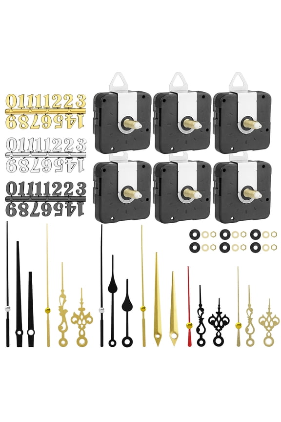 6Pcs Quartz DIY Wall Clock, Clock Numerals Kit, Movement Mechanism Battery Operated Clock Motor Kit with 6 Different Pairs of Hands for DIY Clock Repair Parts Replacement