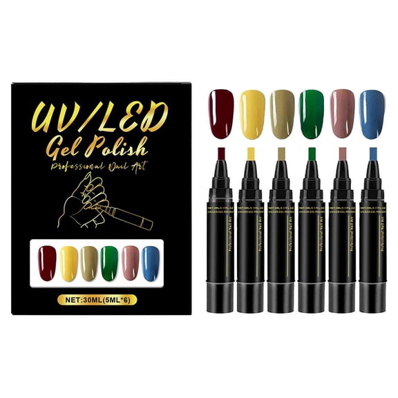 6Pcs Quick-Dry Gel Nail Art Pens Set 6 Colors DIY Nail Polish Pens for Women & Girls, Portable Nail Varnish for Home & Salon Manicure