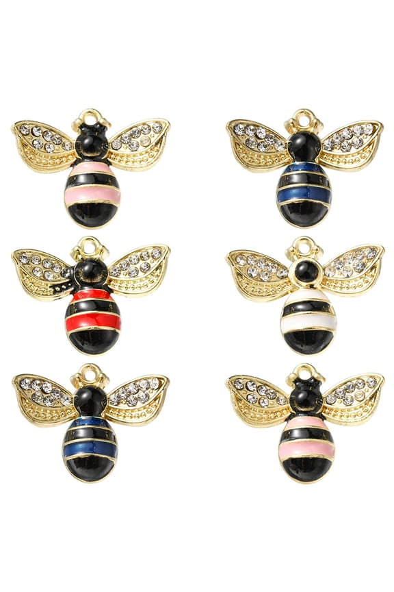 6Pcs Rack Plating Alloy Enamel Pendants with Crystal Rhinestone Cadmium Free & Nickel Free & Lead Free Light Gold Bees Mixed Color 19x23x5mm Hole: 1.4mm
