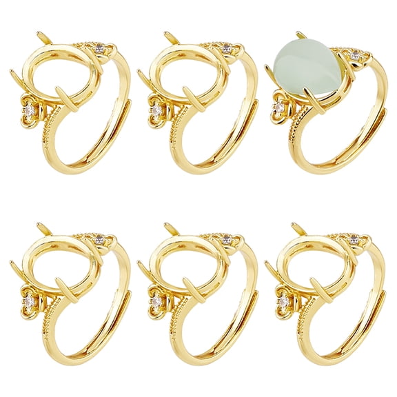 6Pcs Rack Plating Oval Brass Micro Pave Cubic Zirconia Adjustable Solitaire Ring Components 4 Claw Prong Ring Settings Long-Lasting Plated for DIY