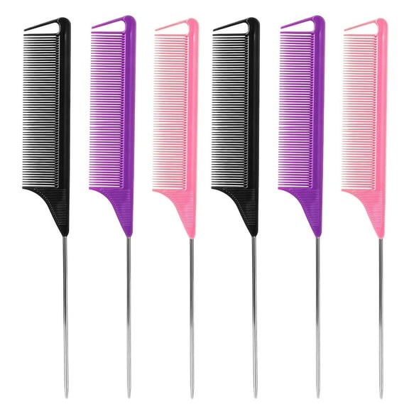 6Pcs Rat Tail Combs Parting Comb, Metal Tail Comb,Steel Pin Rat Tail Women Hair Combs, Combs for Hair Salon Stylist, Fine Tooth CombStylist Braiding Hair Tools (Purple | Black | Pink)