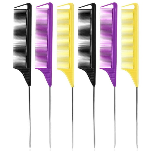 6Pcs Rat Tail Combs Parting Comb, Metal Tail Comb,Steel Pin Rat Tail Women Hair Combs, Combs for Hair Salon Stylist, Fine Tooth CombStylist Braiding Hair Tools (Purple|Black|Yellow)
