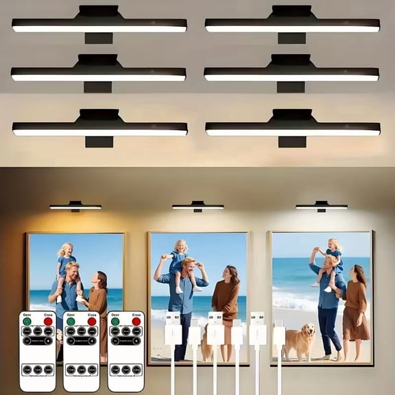 6Pack Battery Operated Wall Sconce | Rechargeable LED Wall Light, Cordless with Remote, 3 Color Temperature, Art Lights for Painting, Frame, Gallery, Dartboard, Black, Christmas Decorations, Christ