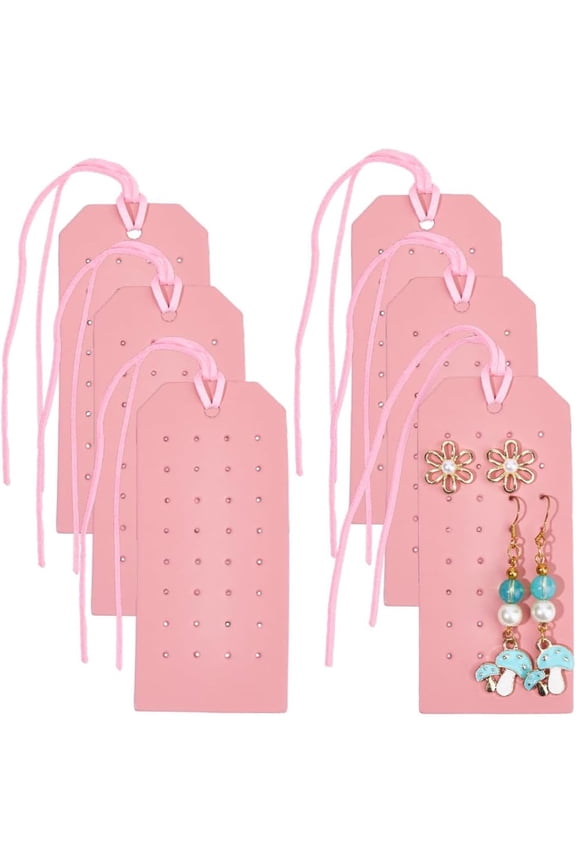 6Pcs Rectangle Stud Display Cards 32 Holes Portable PU Leather Earring Holders 4.3x2.2 Inch Earring Organizer Hanging Case with Cord for Women Travel Jewlery Storage (Pink)