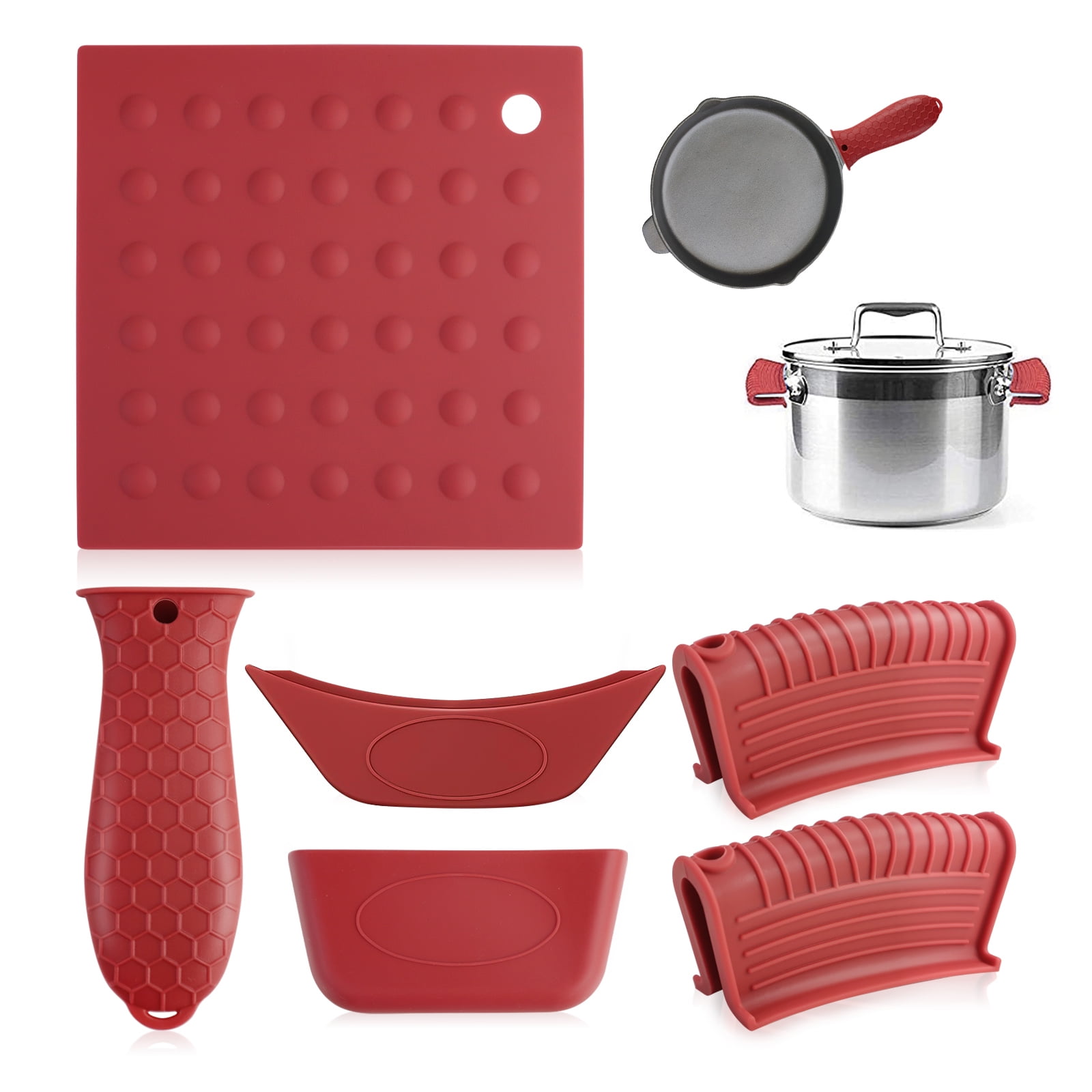 6Pcs Red Cast Iron Handle Covers Heat Resistant, Silicone Rubber Mats ...