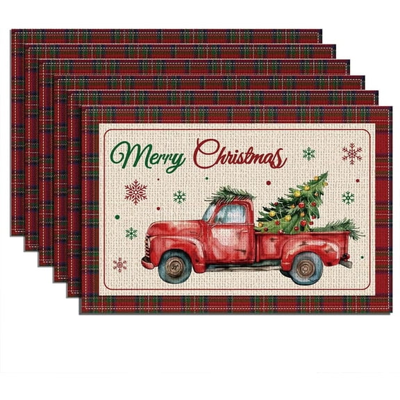 6Pcs Red Christmas Car Rectangle Table Placemats 17.7x11.8 Inch Merry Christmas Rectangle Table Placemats Polyester Christmas Tree Watercolor Table Mats for Party Christmas Holiday Dining