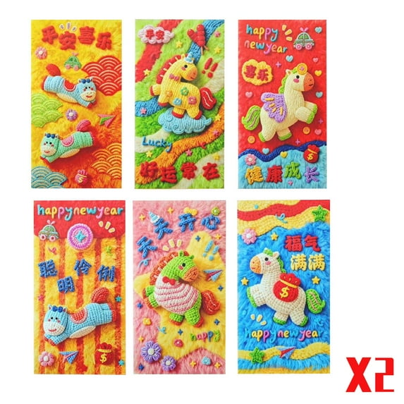 6Pcs Red Envelopes Chinese New Year Horse 2026, Chinese Envelopes for Money, Lunar New Year Red Pockets Lucky Money Envelopes Hong Bao Lai See for Spring Festival Wedding, 6 Designs(D*2)
