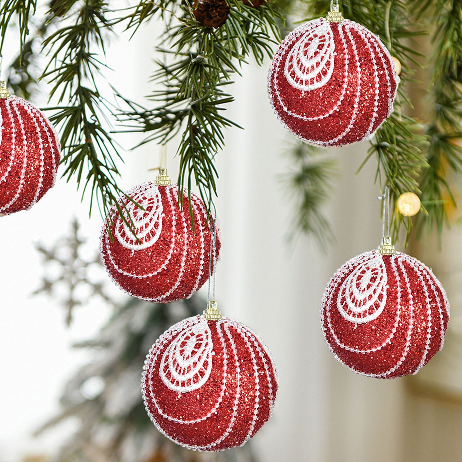 6Pcs Red Glitter Christmas Balls Ornaments for Christmas Tree