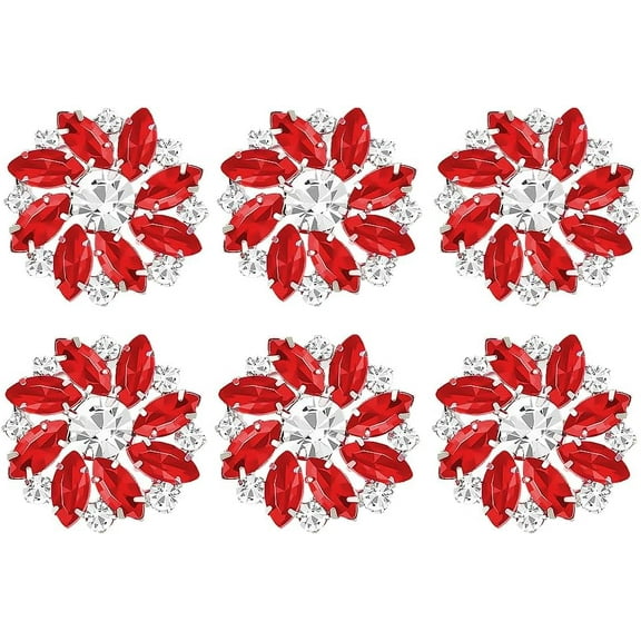 6Pcs Red Silver Flower Alloy Rhinestone Shank Buttons 1 Inch Bouquet Rhinestone Buttons with 1-Hole & Flat Back Sew On Crystal Embellishments Metal Snowflake Button with Fashion Claw