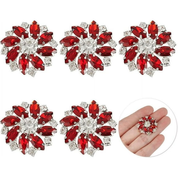 6Pcs Red Silver Flower Alloy Rhinestone Shank Buttons 1 Inch Bouquet Rhinestone Buttons with 1-Hole Flat Back Sew On Embellishments Metal Snowflake Button with Fashion Claw
