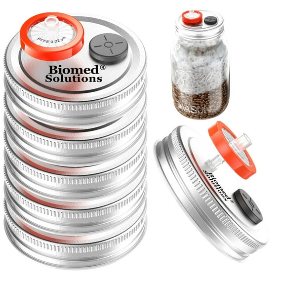 6Pcs Regular Mouth Mushroom Liquid Culture Lid Grain Spawn Cultivation Mason Jar Lid with 0.2 micron PTFE Syringe Filter & 20mm Self Healing Injection Ports For Mushroom Growing Mycology(Silver,6pcs)