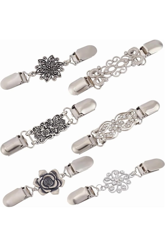 6Pcs Retro Cinch Clips 6 Styles Alloy Rhinestone Cardigan Clips Flower Sweater Collar Clip for Dresses Shirts Shawl Jacket Multi-color