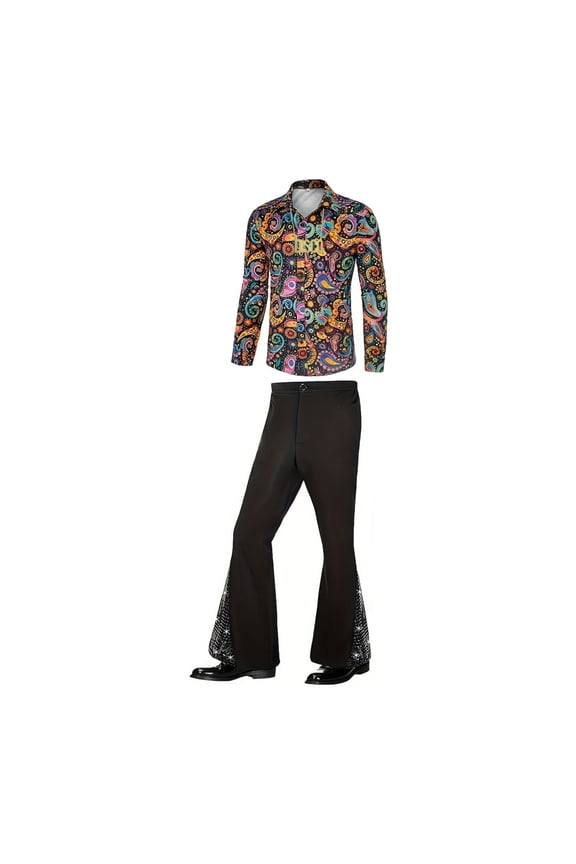 6Pcs Retro Party Role Play, Halloween Vintage Attire, 70s Disco Costume, 70s Outfits for Men 6 Pcs Disco Outfit Retro Costume With Bell Bottom Pants-Top+Pants+Wig+Sunglasses+Necklace+Fake Beard, M