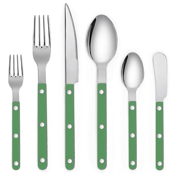 6Pcs Retro Stainless Steel Flatware Set, Color Riveted Handle Silverware Cutlery, Includes Knife,Fork,Spoon & Spreader, Green Handle