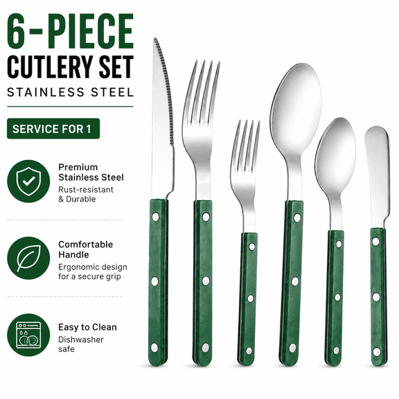6Pcs Retro Stainless Steel Flatware Set, Color Riveted Handle Silverware Cutlery, Includes Knife, Fork, Spoon & Spreader, Green Handle