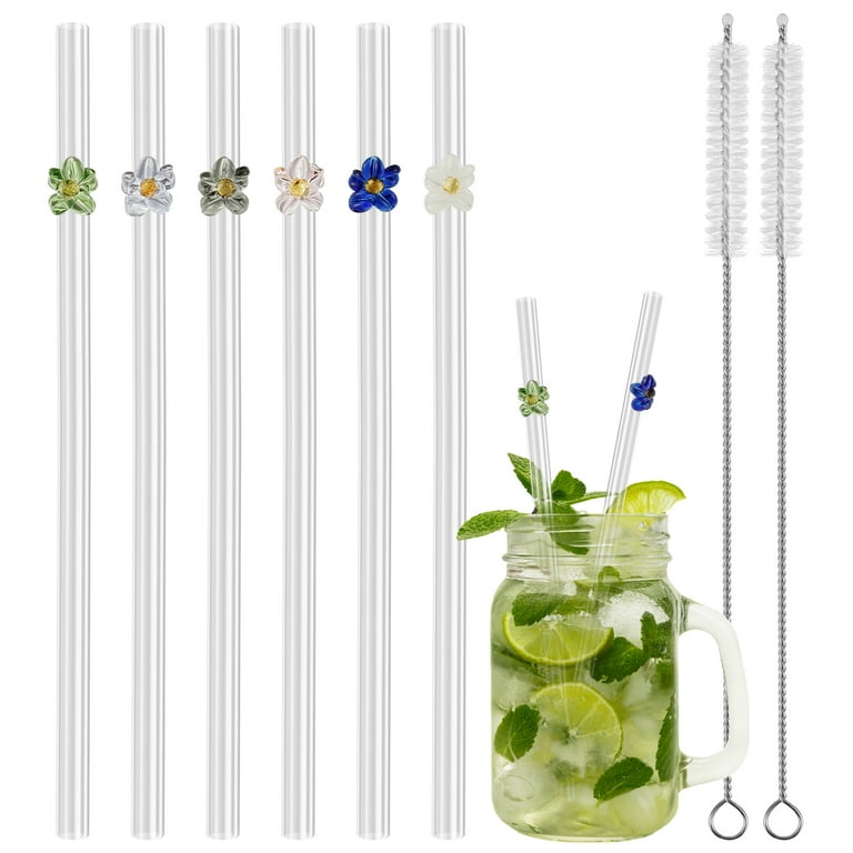 Set of 6pcs Flowers Design Reusable Drinking Glass Straws with 2pcs  Cleaning Brushes