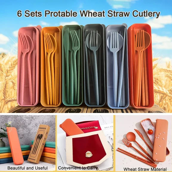 6Pcs Reusable Flatware Set Travel Utensils With Case,Wheat Straw Cutlery Camping