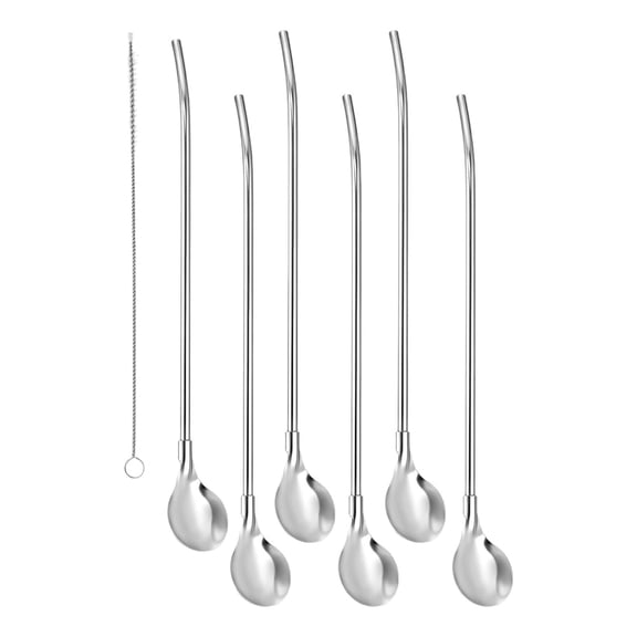 6Pcs Reusable Stainless steels Straw Spoons With Cleaning Brush Cocktail Stirring Spoon For Beverages And Dessert
