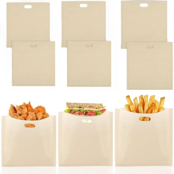 6Pcs Reusable Toaster Bags, 3 Sizes Non-Stick - Heat Resistant Washable Sandwich Bags for Toaster Microwave Grill