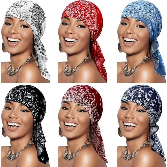 6Pcs Rhinestone Head Scarf Stretchy Head Wrap Women Bandana Beanie Pre Tied Turban Cap Skull Cap Headbands