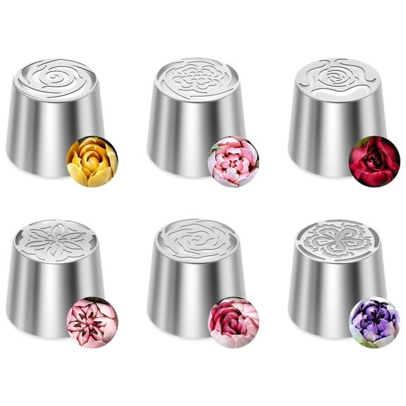 6Pcs Rose Flower Piping Tips Set,Petal Icing Tips,PipingRose Nozzle,Stainless Steel Cake Decorating Pastry Tools,Cupcake Pastry Tips for Cake Decorating