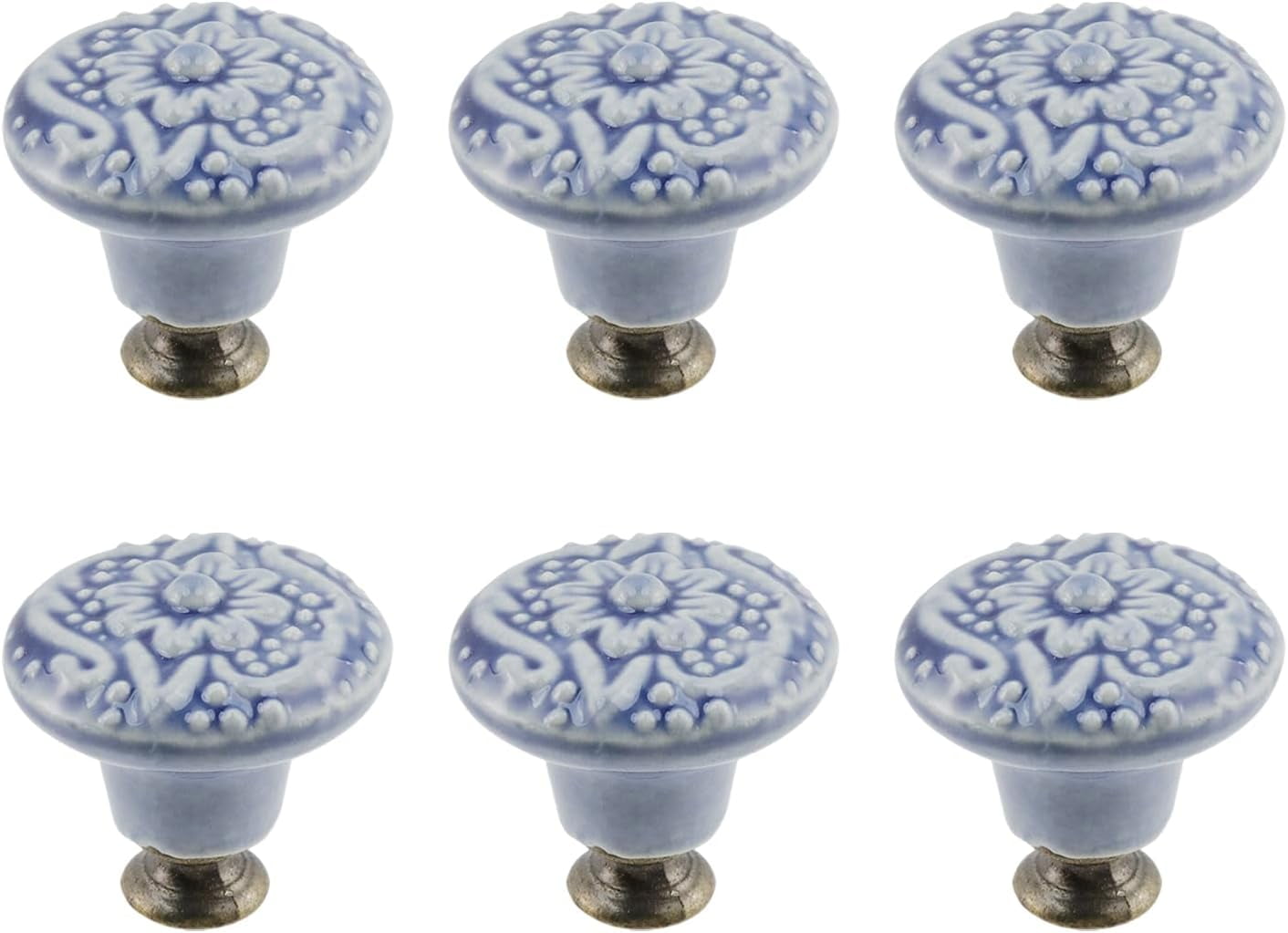 6Pcs Round Ceramic Drawer Knobs Cabinet Furniture Handle Vintage Flower Pattern Knobs, with Mounting Screws,Blue