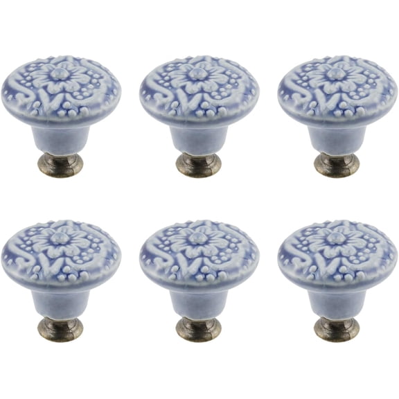 6Pcs Round Ceramic Drawer Knobs Cabinet Furniture Handle Vintage Flower Pattern Knobs, with Mounting Screws,Blue
