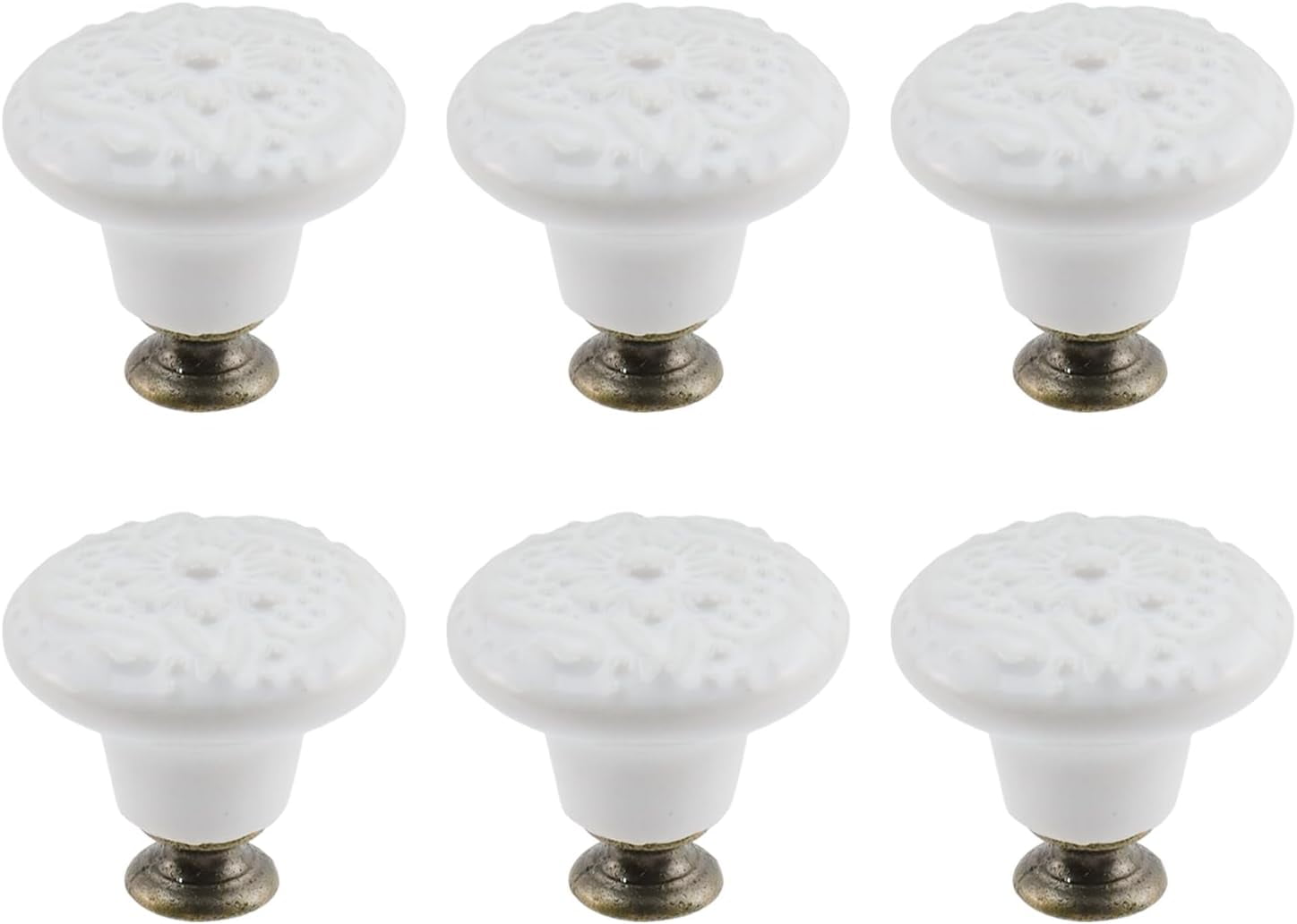 6Pcs Round Ceramic Drawer Knobs Cabinet Furniture Handle Vintage Flower Pattern Knobs, with Mounting Screws,White
