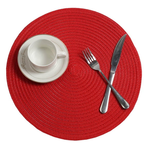 6Pcs Round Woven Placemats For Dining Tables,Washable Round Braided Placemats,Round Woven Table Placemats,Woven Heat Resistant Non Slip Dining & Kitchen Table Mats Placemat,Red,14.96"