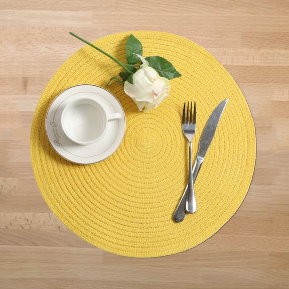 6Pcs Round Woven Placemats Set of 6 Heat Resistant Dining Table Mats for Farmhouse Kitchen Decor Boho Aesthetic Tableware and Indoor Outdoor Hosting,Yellow