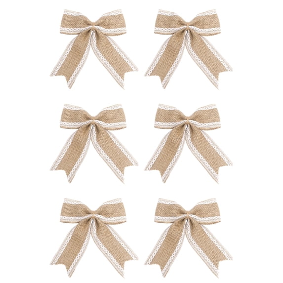 6Pcs Rustic Burlap Bows with Lace, 6.7 x 5.5 Inch Farmhouse Christmas Ribbon Decor, Country Style Accents for Wreath, Garland, Tree and Mantel