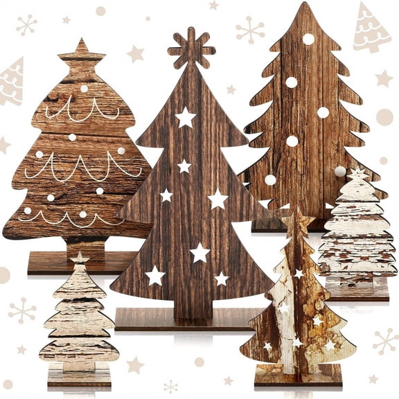 6Pcs Rustic Wooden Christmas Tree Tabletop Decor, Farmhouse Country Boho Primitive Christmas Decorations with Natural Wood Finish, Perfect for Home,Thanksgiving, Festive Winter Displays