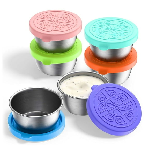 6Pcs Salad Dressing Container Stainless Steel with Silicone Lid Condiment Cup Easy Open 50ml for Lunch Box Picnic Travel Work