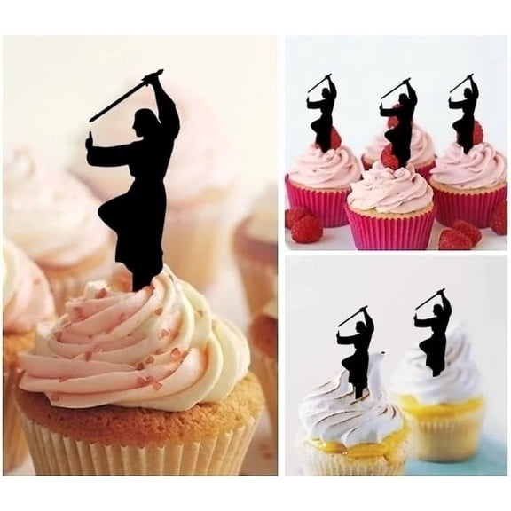 6Pcs Samurai Warrior Silhouette Acrylic Cupcake Toppers for Japanese Culture or Fantasy Party Decorations