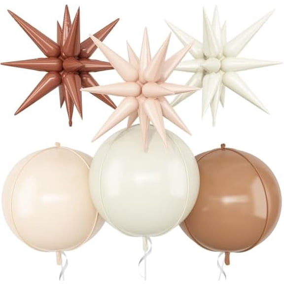 6Pcs Sand White Brown Foil Balloons,22Inch Cream Beige Tan 4D Round Ball Balloon and Explosion Star Balloon for Boho Birthday Baby Shower Wedding Anniversary Decorations