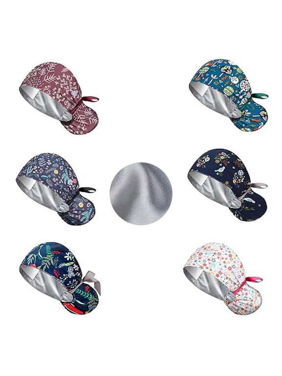 6Pcs Satin Lined Scrub Caps Women, Surgical Caps for Women, Bouffant Caps with Button and Sweatband, Adjustable Working Hat with Ponytail, Elastic Bandage Tie Back Hats, Nurse Caps for Women Men