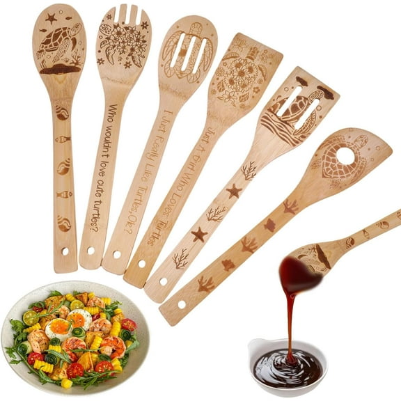 6Pcs Sea Turtles Wooden Spoons Utensil Set Animal Bamboo Carving Kitchen Cooking Utensils for Women and Men Wooden Engraved Cooking Spatula Set for Kitchen Fun House Warming Gift