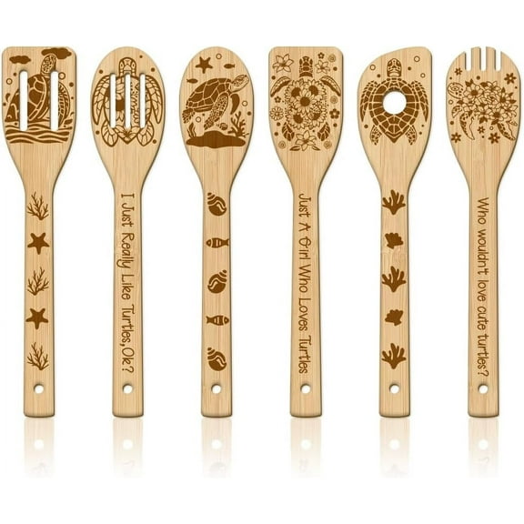 6Pcs Sea Turtles Wooden Spoons Utensil Set Animal Bamboo Carving Kitchen Cooking Utensils Wooden Engraved Cooking Spatula Set for Kitchen Fun House Warming Gift
