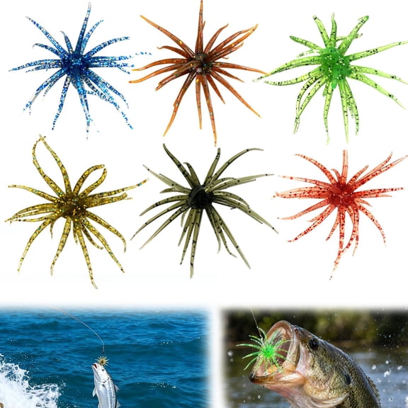 6Pcs Sea Urchin Bait,6 Colors Realistic Fuzzy Dice Fishing Lure,Floating TPR Swimbait with Reflective Stars,for Bass Fishing,Drop Shot,Wacky Rig/Neko Rig & Finesse,Slow Sinking