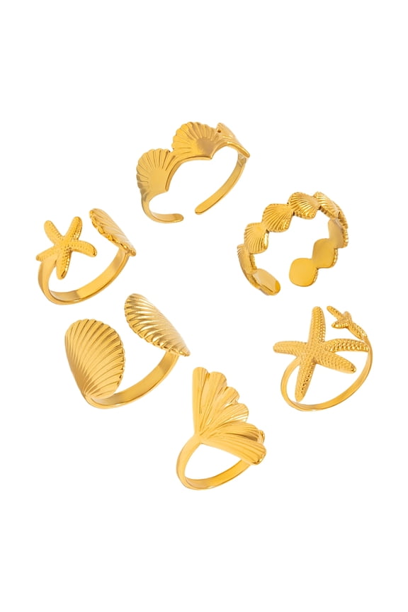 6Pcs Seaside Inspired Star Shell Rings Open Sizing Design Sturdy Alloy Stackable Set