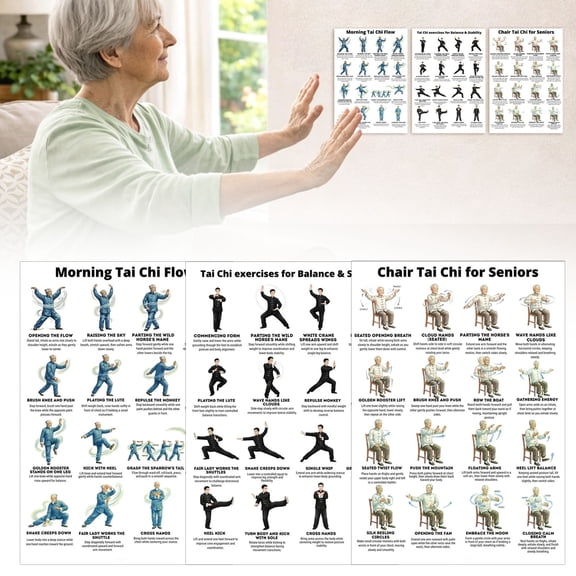 6Pcs Seated Chair Tai Chi Canvas Wall Art Posters for Seniors & Beginners,Unframed Gentle Workout Routine Charts,Low-Impact Seated Exercise Print for Home Gym Yoga Studio Apartment Living Room Decor