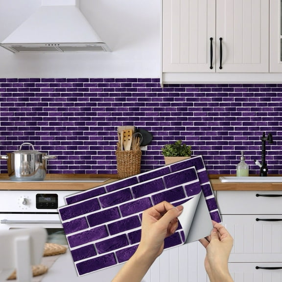 6Pcs Self Adhesive DIY Tile Stickers Purple 11.8x5.9inch Mosaic Wall Decals 3D Brick Peel and Stick Backsplash Waterproof Vinyl Wallpaper