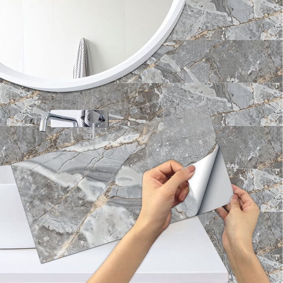6Pcs Self Adhesive Marbling Tiles Wall Stickers Decals 11.8" x 5.9" Gray Brown Vinyl Peel and Stick Backsplash Kitchen Bathroom Decor
