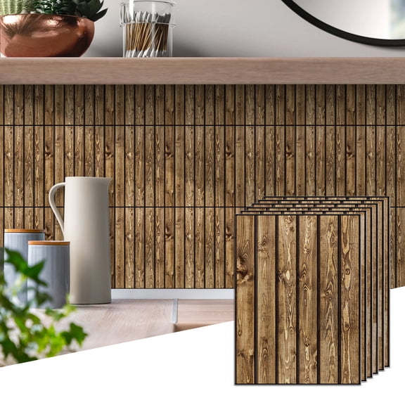 6Pcs Self Adhesive Tiles Wall Stickers Decals 6.7" x 9" Brown Wood Grain Sticker Waterproof Peel and Stick Backsplash for Kitchen Bathroom