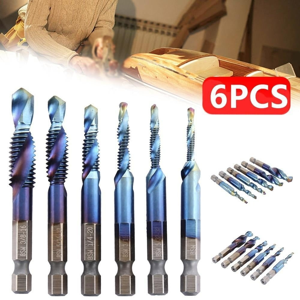 6Pcs/Set 1/4 Hex Shank HSS Metric Thread Tap HSS Drill Bits Spiral