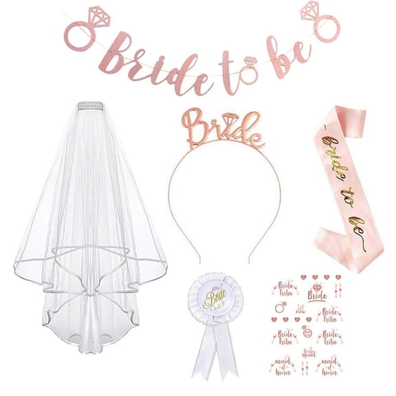 6Pcs/Set Bride Accessories, Bridal Veil, Exquisite Appearance Elegant Design Wedding Headwear Set with Belt Veil Badge and Sticker, Rose Gold