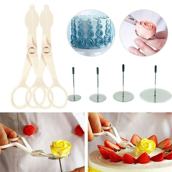 6Pcs/Set Cake Flower Nail Set, Cake Decorating Tool Kit with 2 Plastic Piping Scissors for Fondant Icing Flowers Wedding Birthday Baking