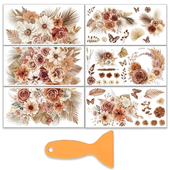 6Pcs/Set Floral Rub on Transfers for Furniture and Craft 12x6 Inch Dried Flower Furniture Decal Transfer Stickers Rub on Decal with 1pc Scraper