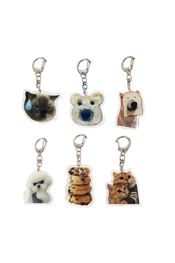 6Pcs Set Keyrings Acrylic Toast Cat Dog Key Chain Interesting Pendant Decor