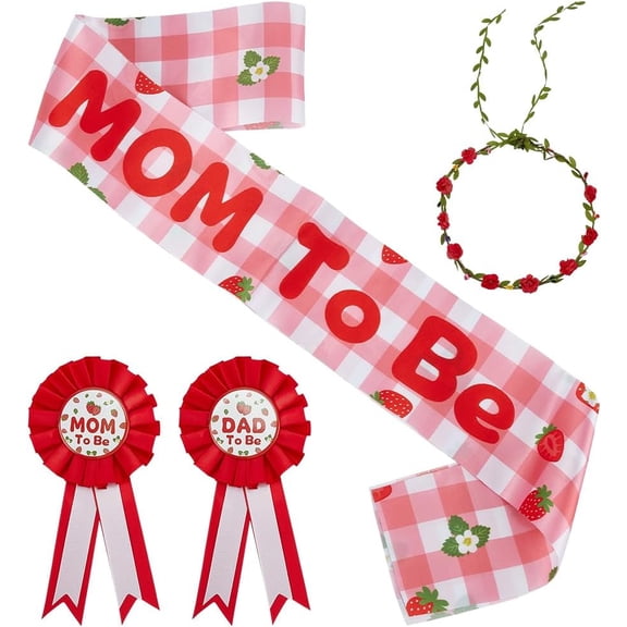 6Pcs Set Strawberry Themed Sash Corsage Mom to Be Dad to Be Corsage Pins Set Polyester Ribbons Artificial Garland Headband Red